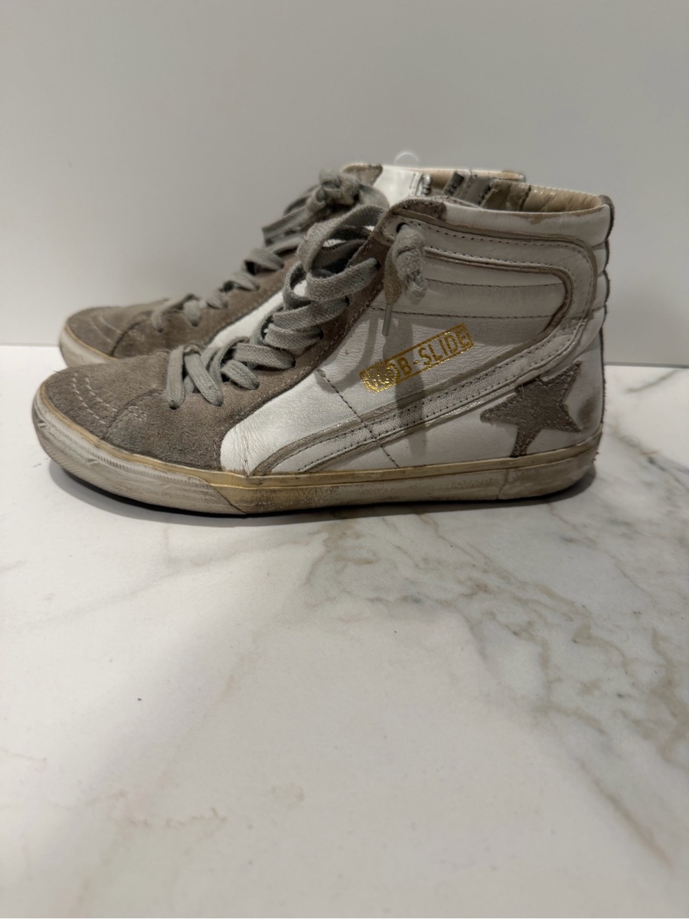 Golden Goose Women’s White and Taupe High-Top Sneakers with Gold Logo